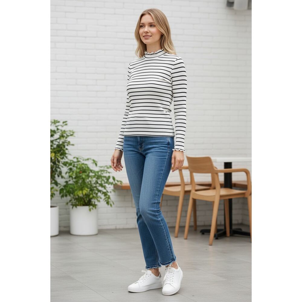 2/$30 ANN TAYLOR Top Size S Petite Black White Ruffle Hem Stripe Blouse